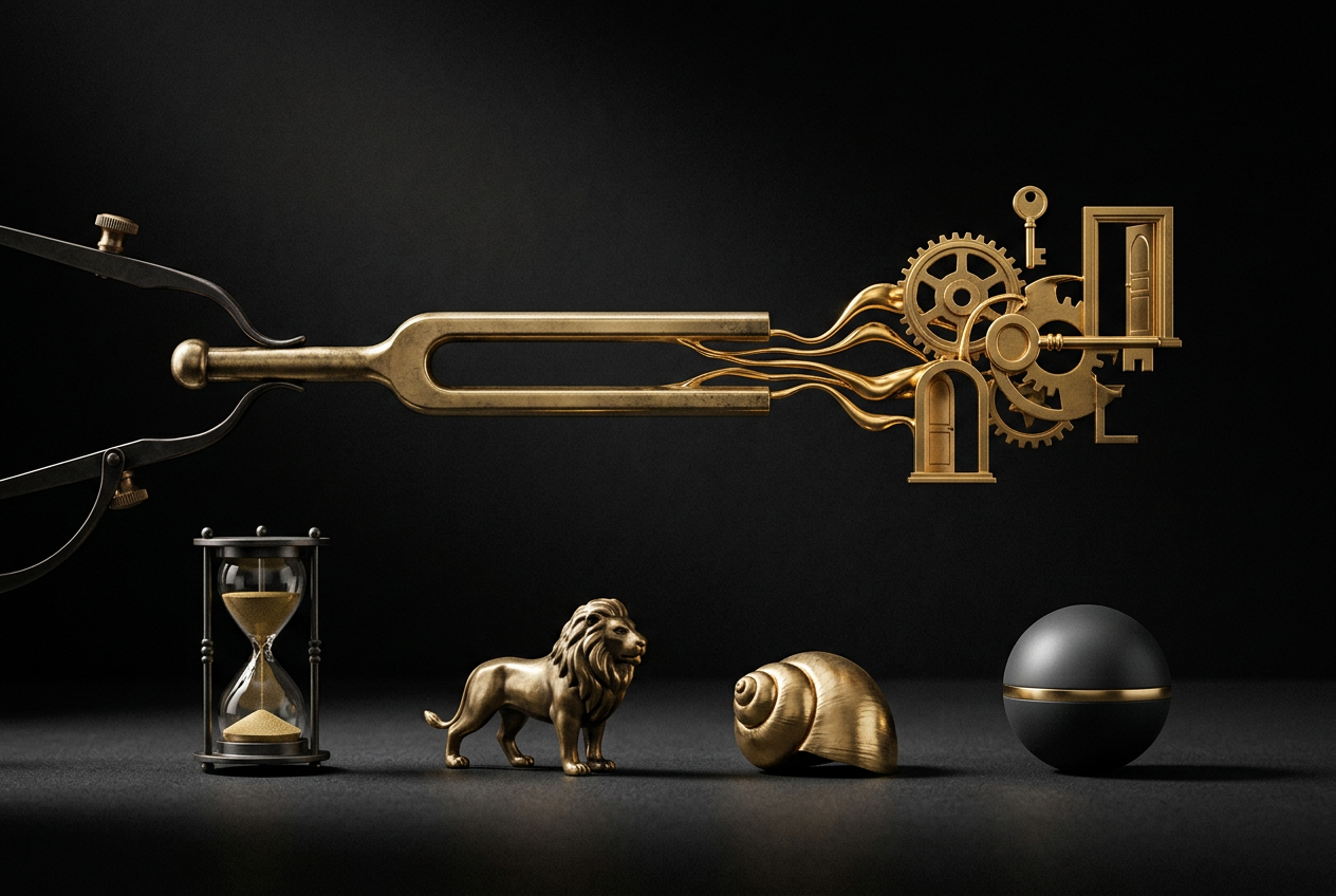 Symbolic black and gold editorial illustration for the article "Acoustic Alchemy: How to Use Sound to Change Your State"