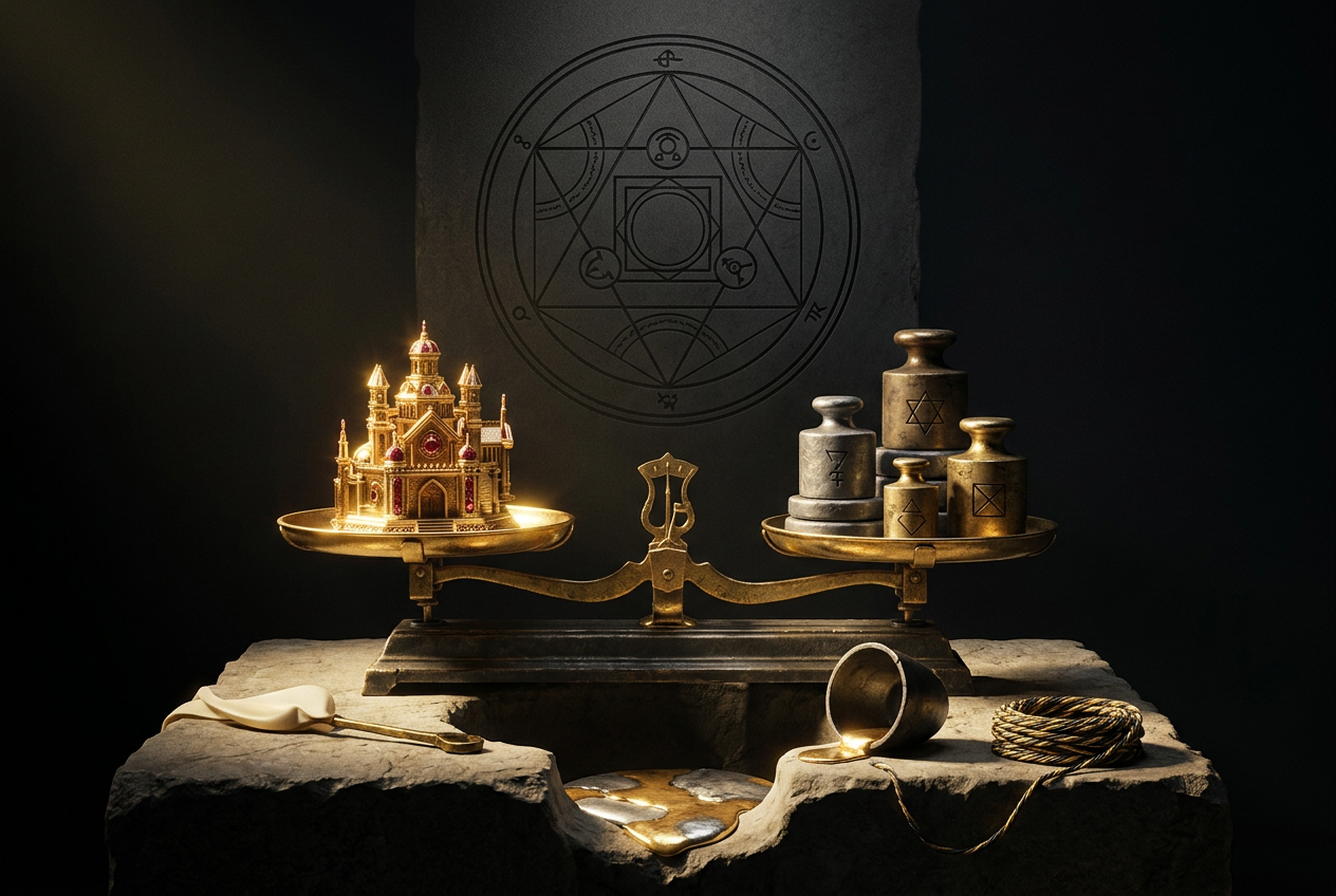 Symbolic black and gold editorial illustration for the article "Alchemy in Anime: Equivalent Exchange as a Rule for Real Life"