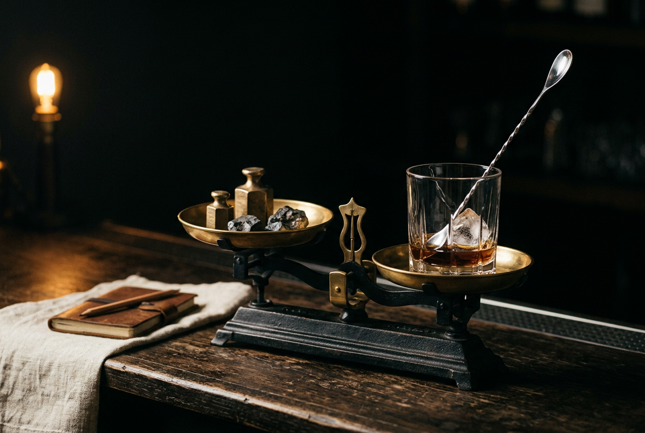 Symbolic black and gold editorial illustration for the article "Alchemy at the Bar: Recipes, Ritual, and Honest Restraint"