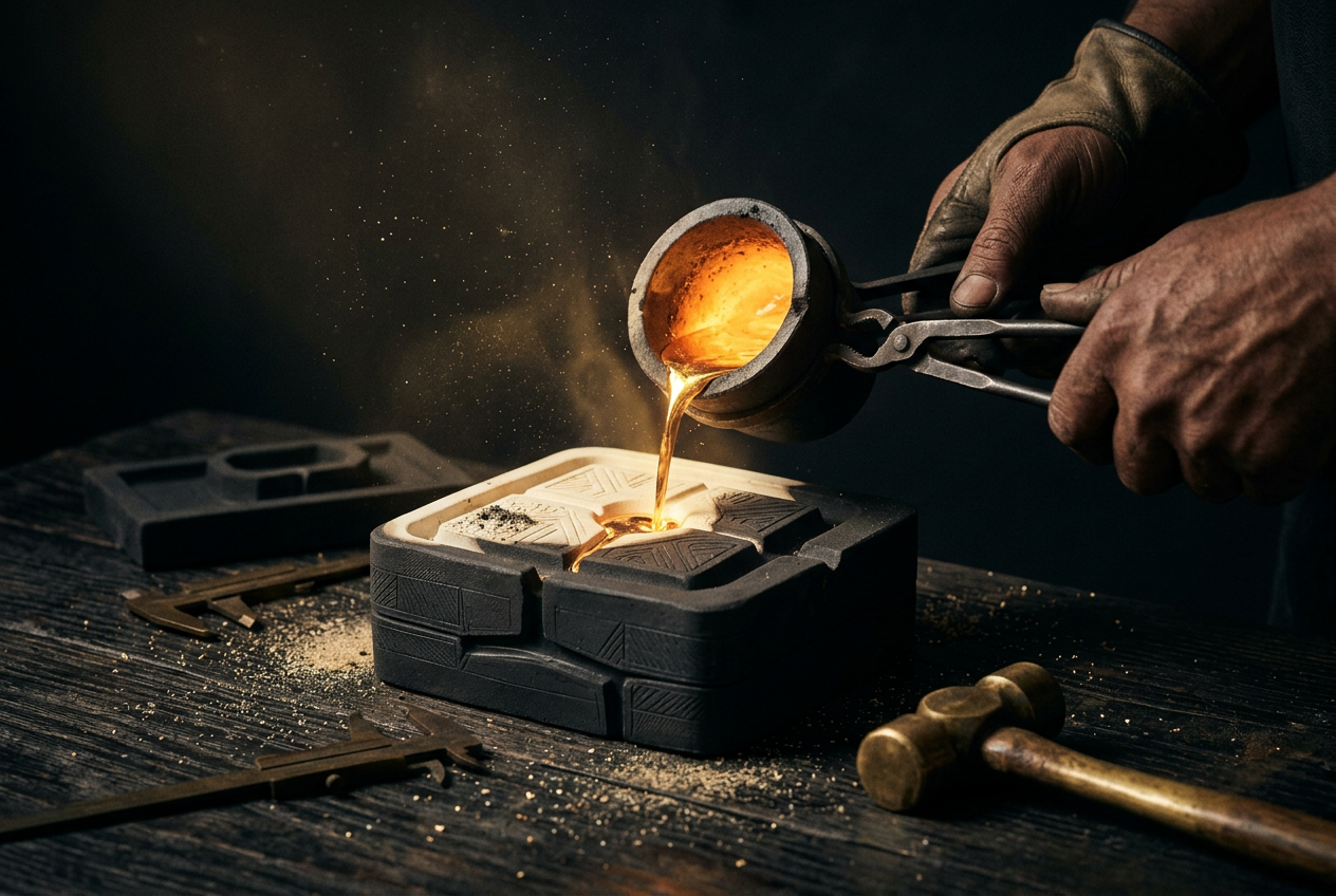 Symbolic black and gold editorial illustration for the article "Alchemy in Craft: What Makers Know About Real Change"