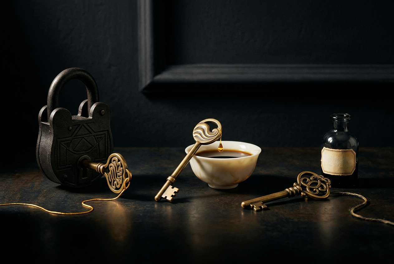 Symbolic black and gold editorial illustration for the article "Aroma Alchemy: Scent Anchors for Focus, Calm, and Recall"