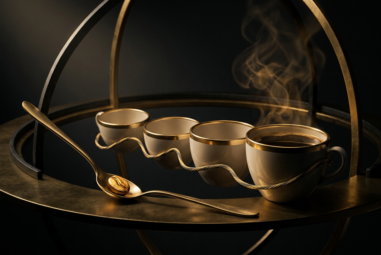 Symbolic black and gold editorial illustration for the article "Coffee Alchemy: Building a Morning Ritual That Actually Holds"
