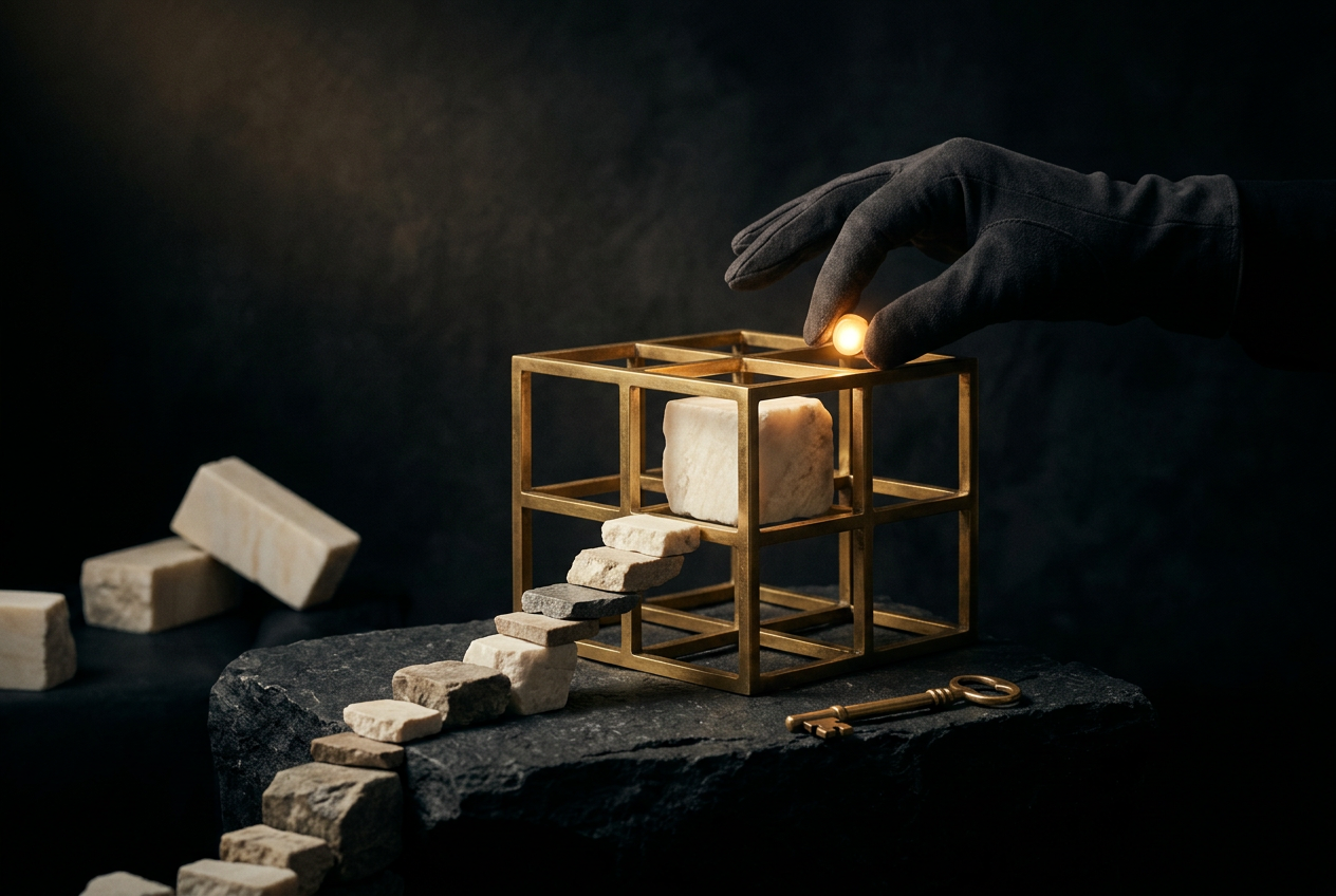 Symbolic black and gold editorial illustration for the article "How to Set Goals You Will Actually Finish: The Constraint Method"