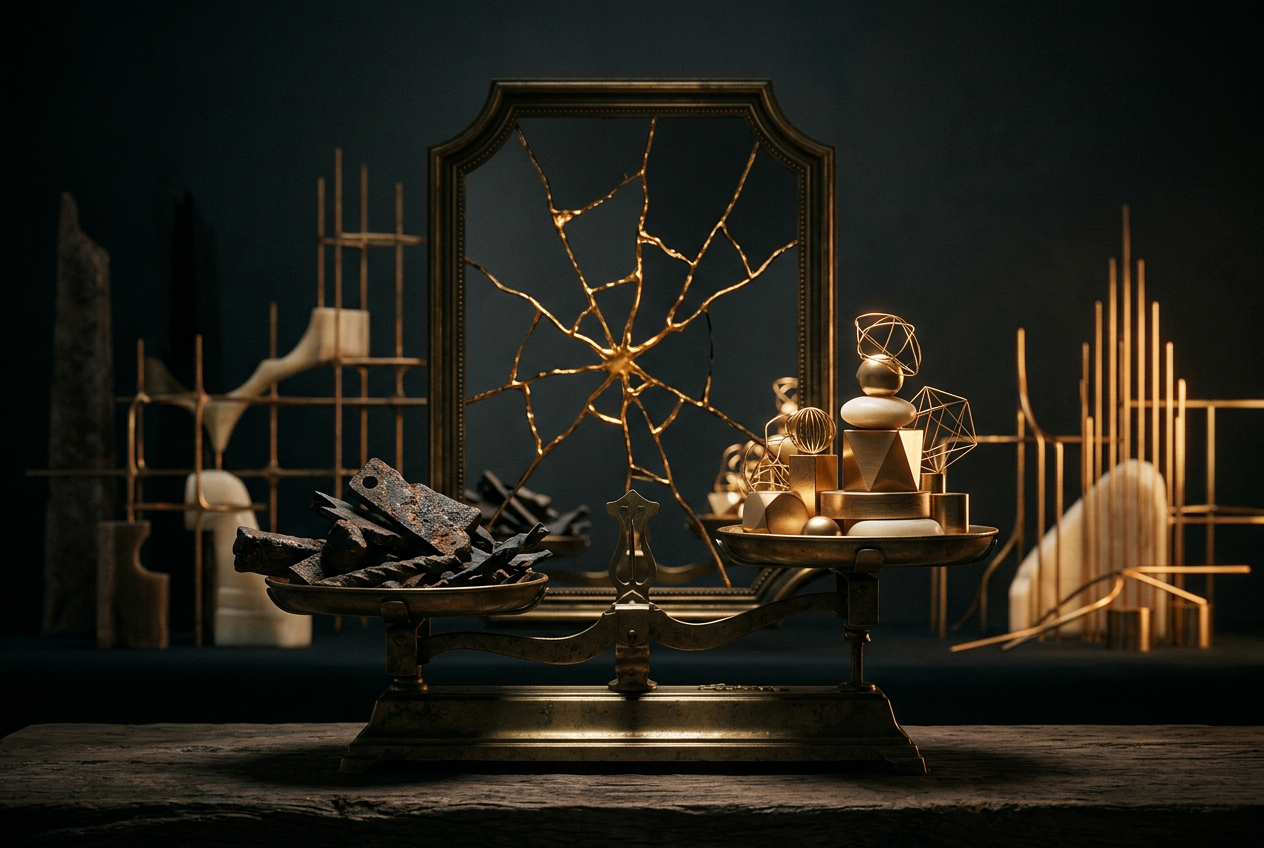 Symbolic black and gold editorial illustration for the article "How to Stop Negative Self-Talk and Rebuild Your Self-Concept"