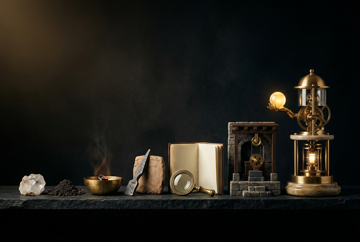 Symbolic black and gold editorial illustration for the article "What Little Alchemy 2 Teaches About Building Real Capability"