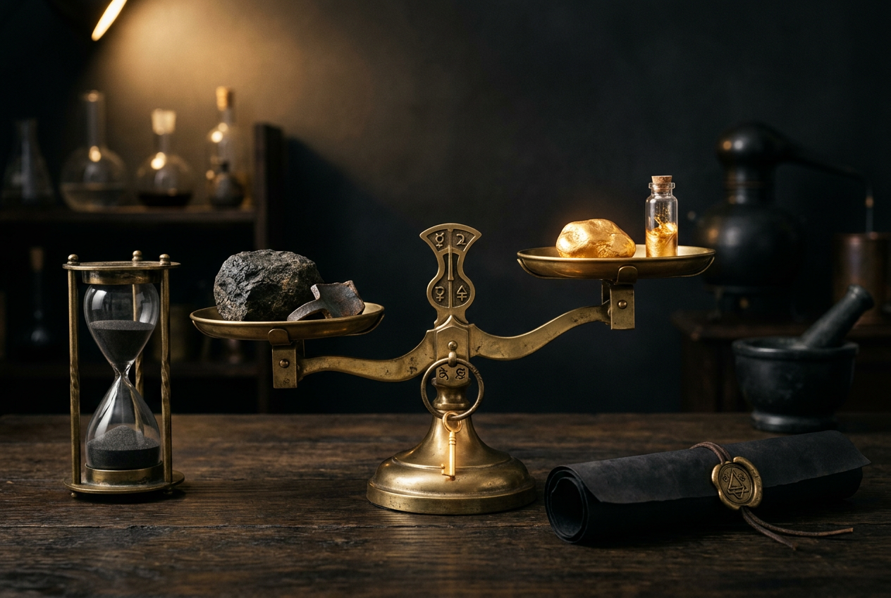 Symbolic black and gold editorial illustration for the article "Turning Experience Into Wisdom: The Practical Meaning of Alchemy"