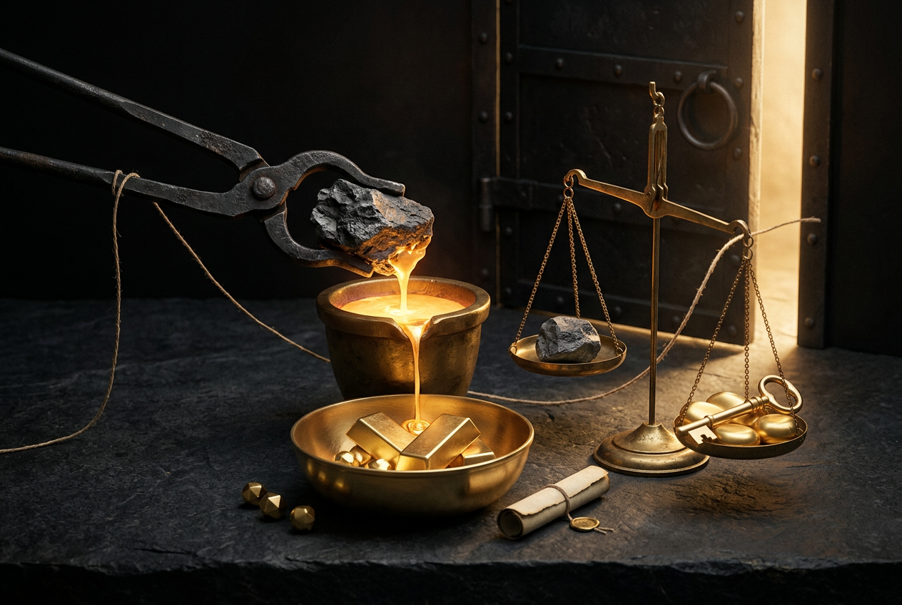 Symbolic black and gold editorial illustration for the article "What Is Personal Alchemy? Turning Your Hardest Experiences Into Power"
